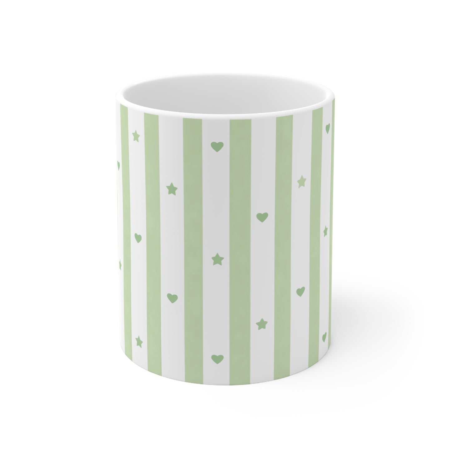 Green Stripe Hearts & Stars Ceramic Mug, Coffee Cup