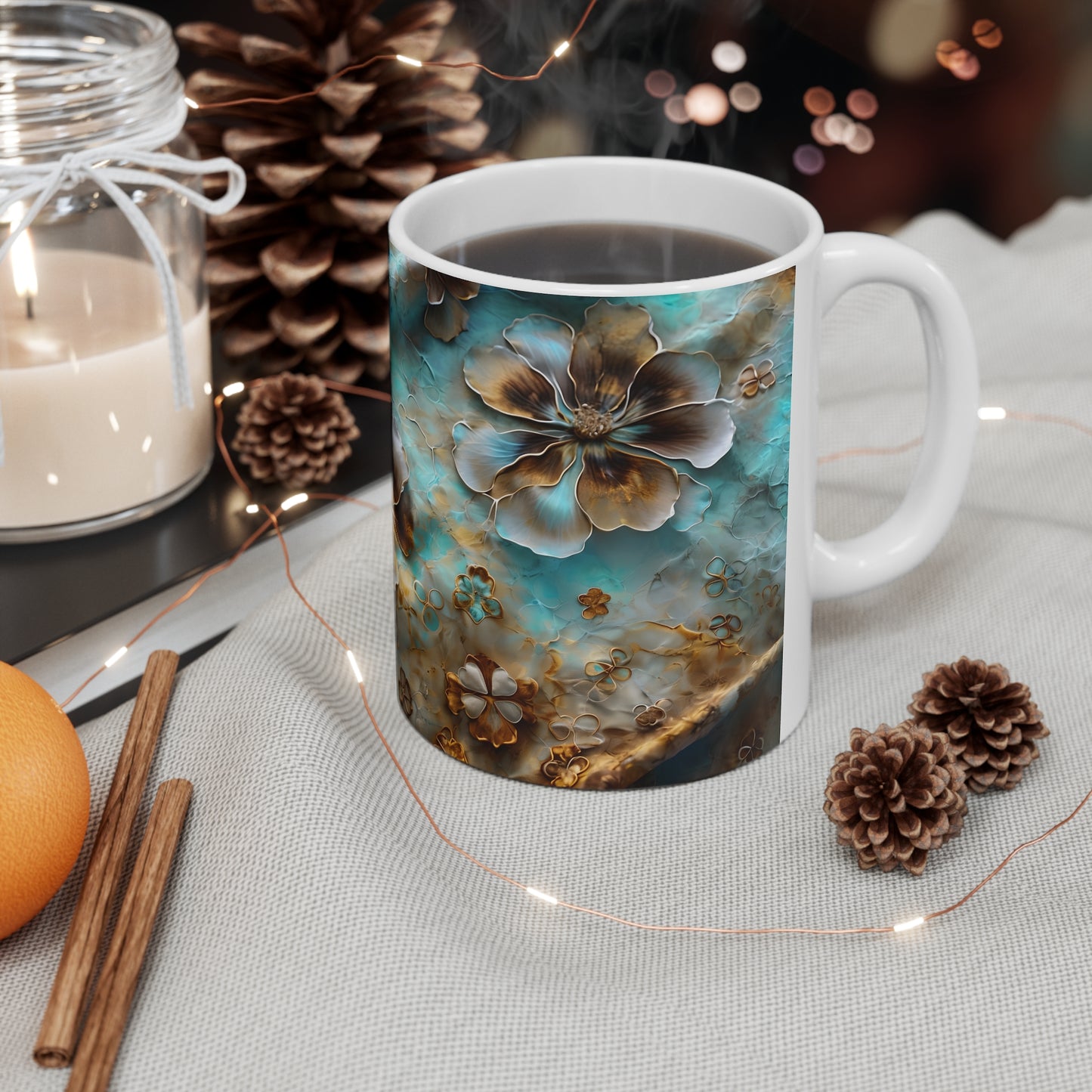 Tate's Turquoise Flower Ceramic Mug, Coffee Cup