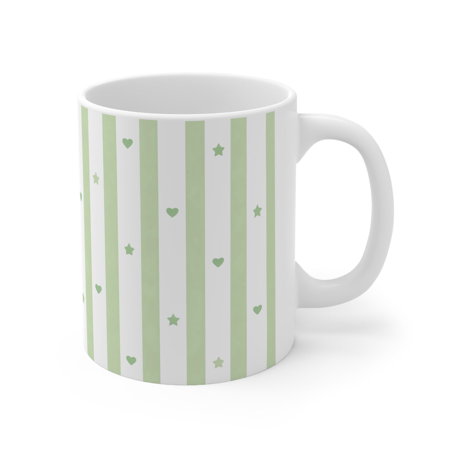 Green Stripe Hearts & Stars Ceramic Mug, Coffee Cup