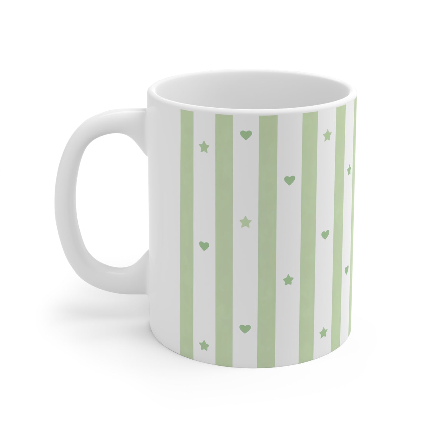 Green Stripe Hearts & Stars Ceramic Mug, Coffee Cup