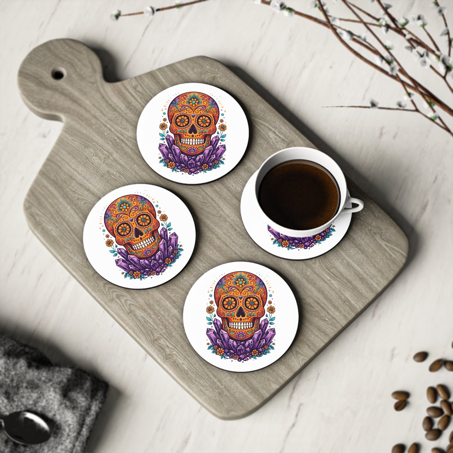 Amethyst & Orange Sugar Skull Coasters