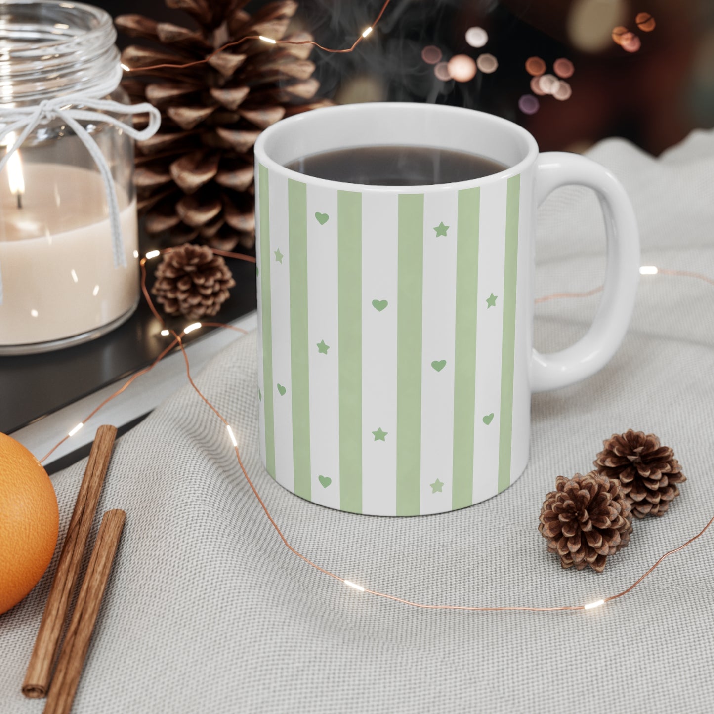 Green Stripe Hearts & Stars Ceramic Mug, Coffee Cup