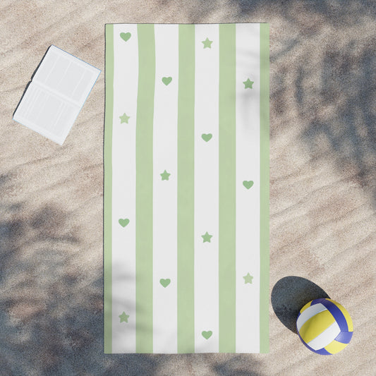 Green Stripe Hearts & Stars Beach Towel