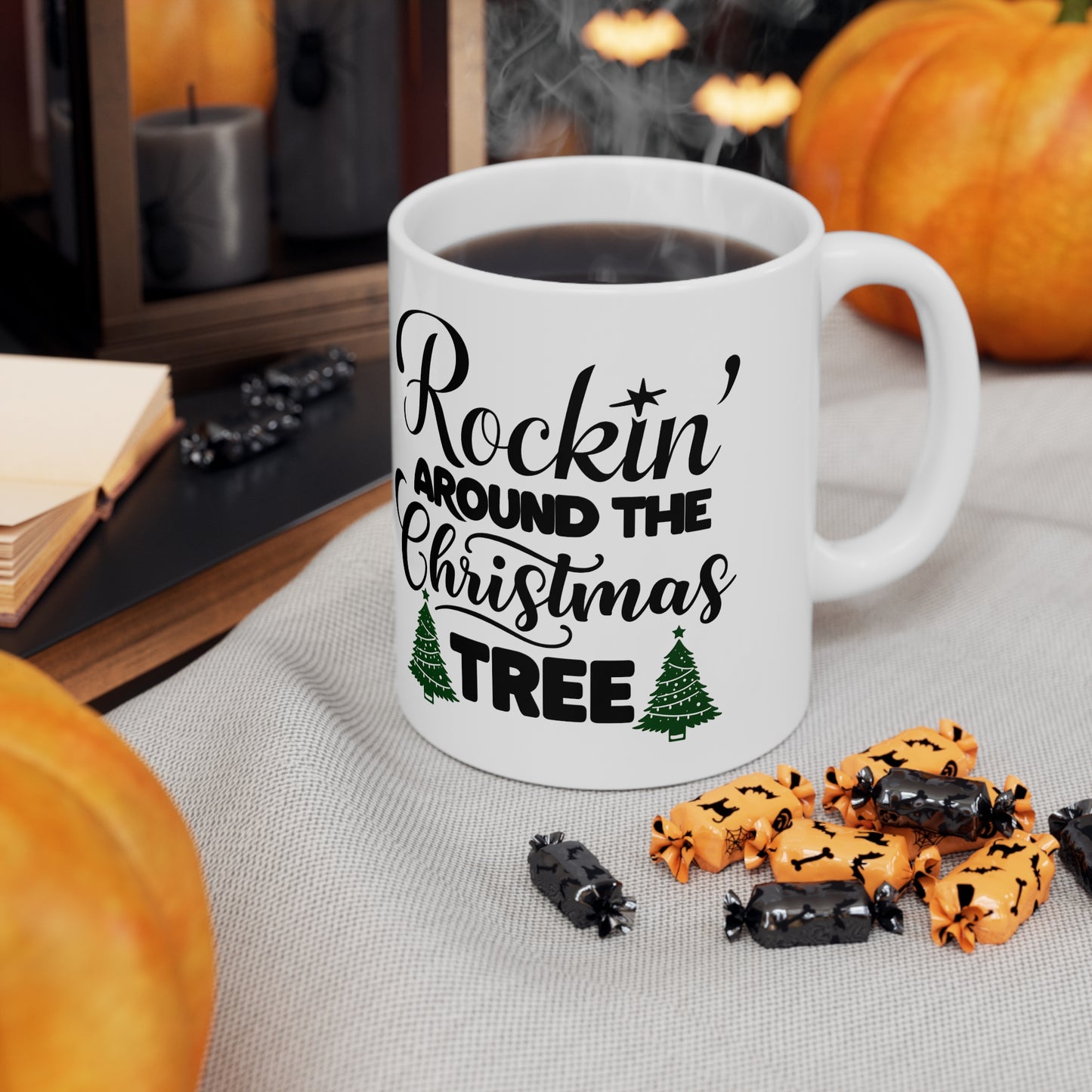 Rae's Rockin' Around the Christmas Tree Ceramic Mug, Coffee Cup