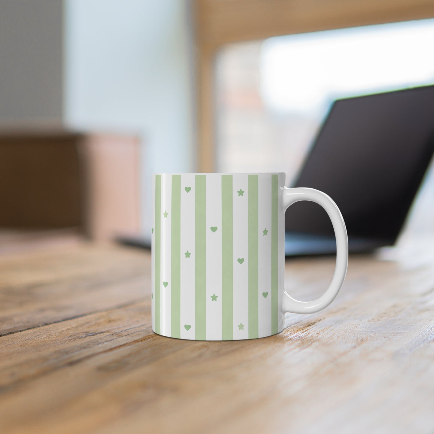 Green Stripe Hearts & Stars Ceramic Mug, Coffee Cup