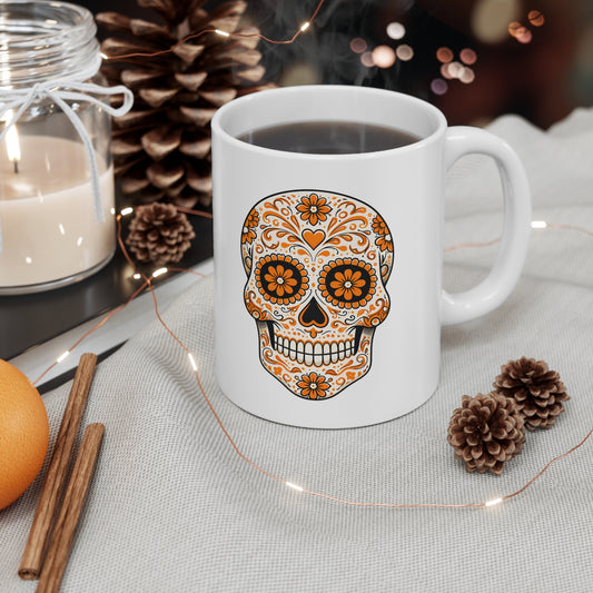 Orange Sugar Skull Ceramic Mug, Coffee Cup
