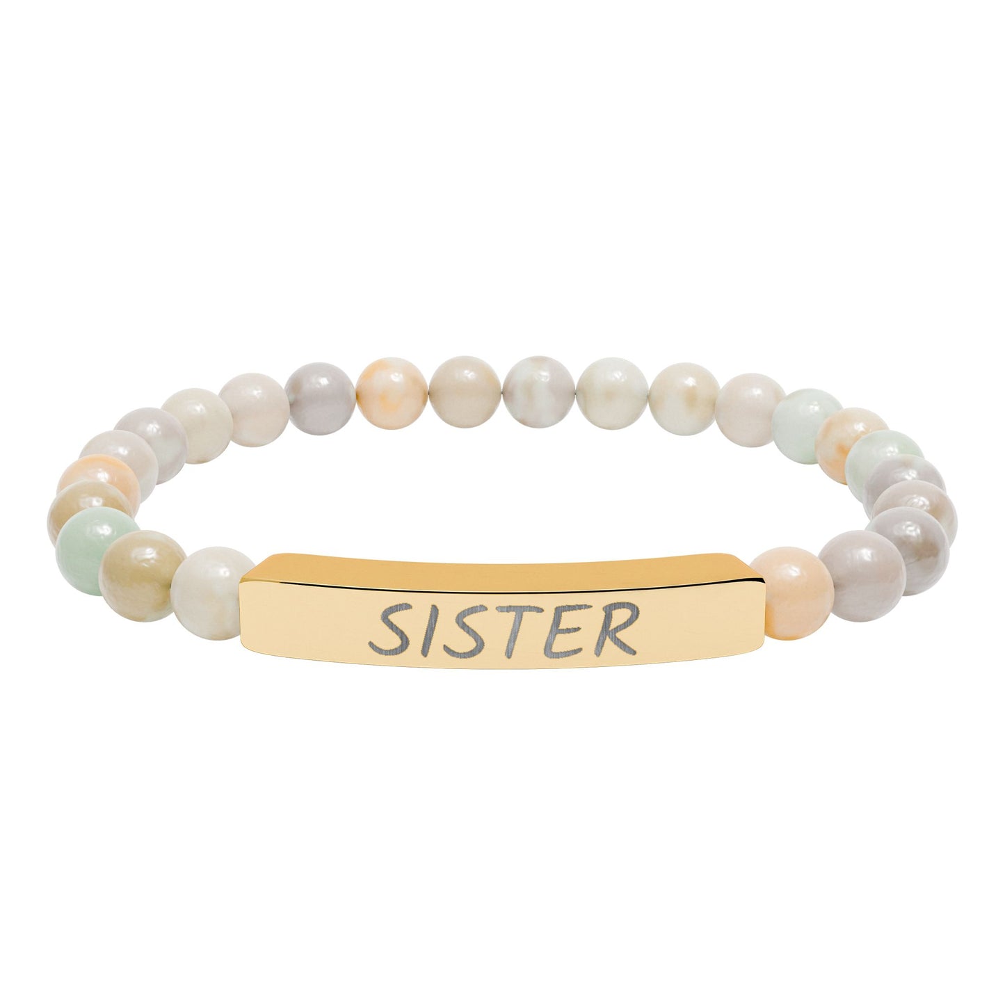 Engraved "Sister" Natural Stone Stretch Bar Bracelet