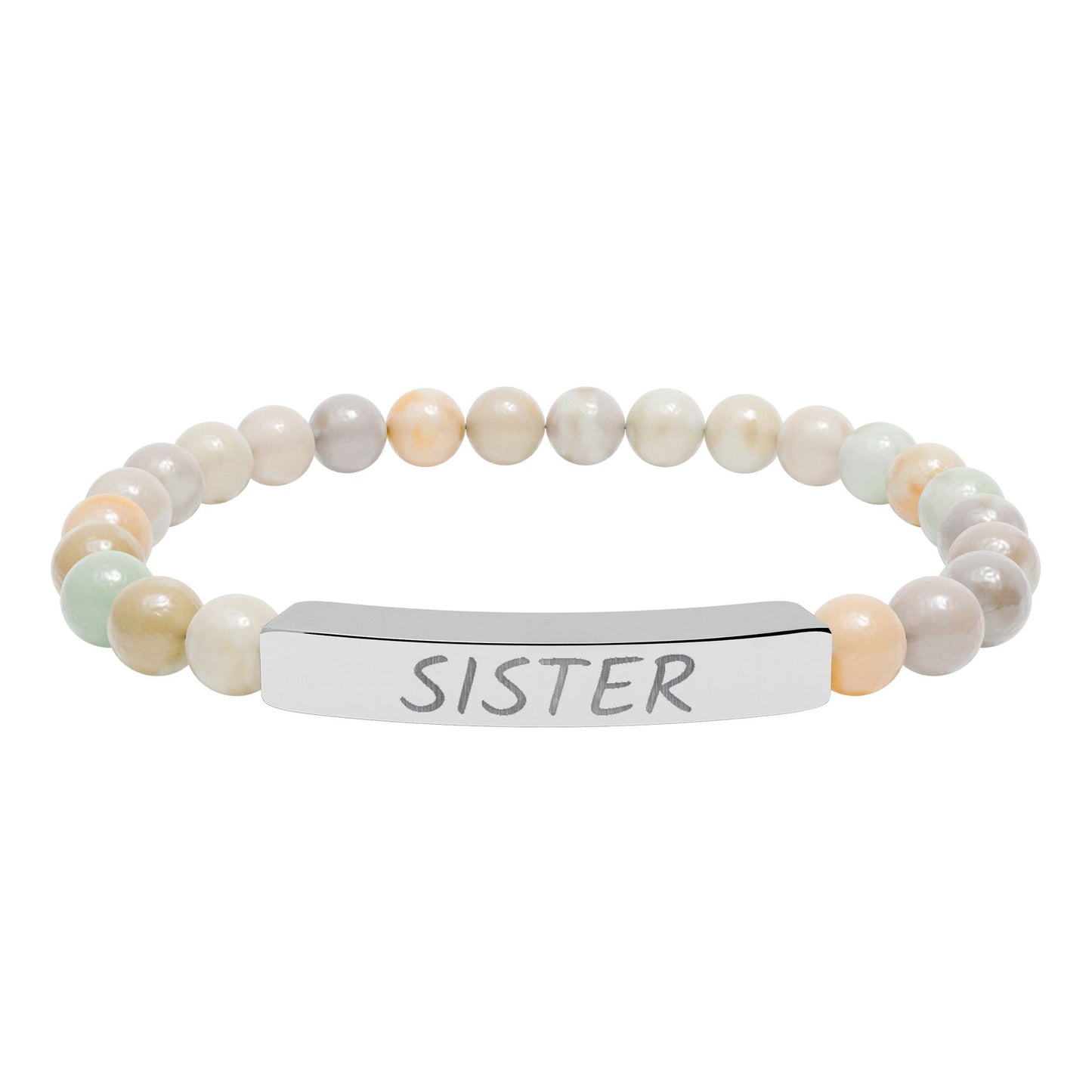 Engraved "Sister" Natural Stone Stretch Bar Bracelet