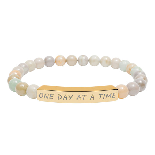 Engraved "One Day at a Time" Natural Stone Stretch Bar Bracelet