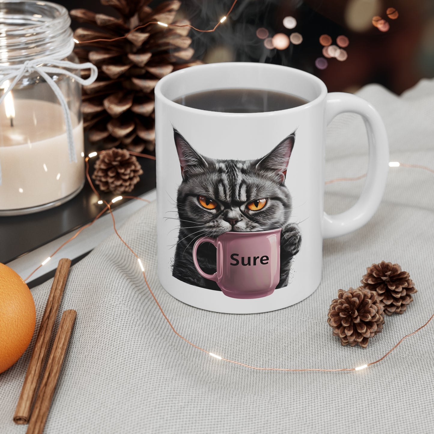 Jess 'Sure' Grey Cat Ceramic Mug, Coffee Cup