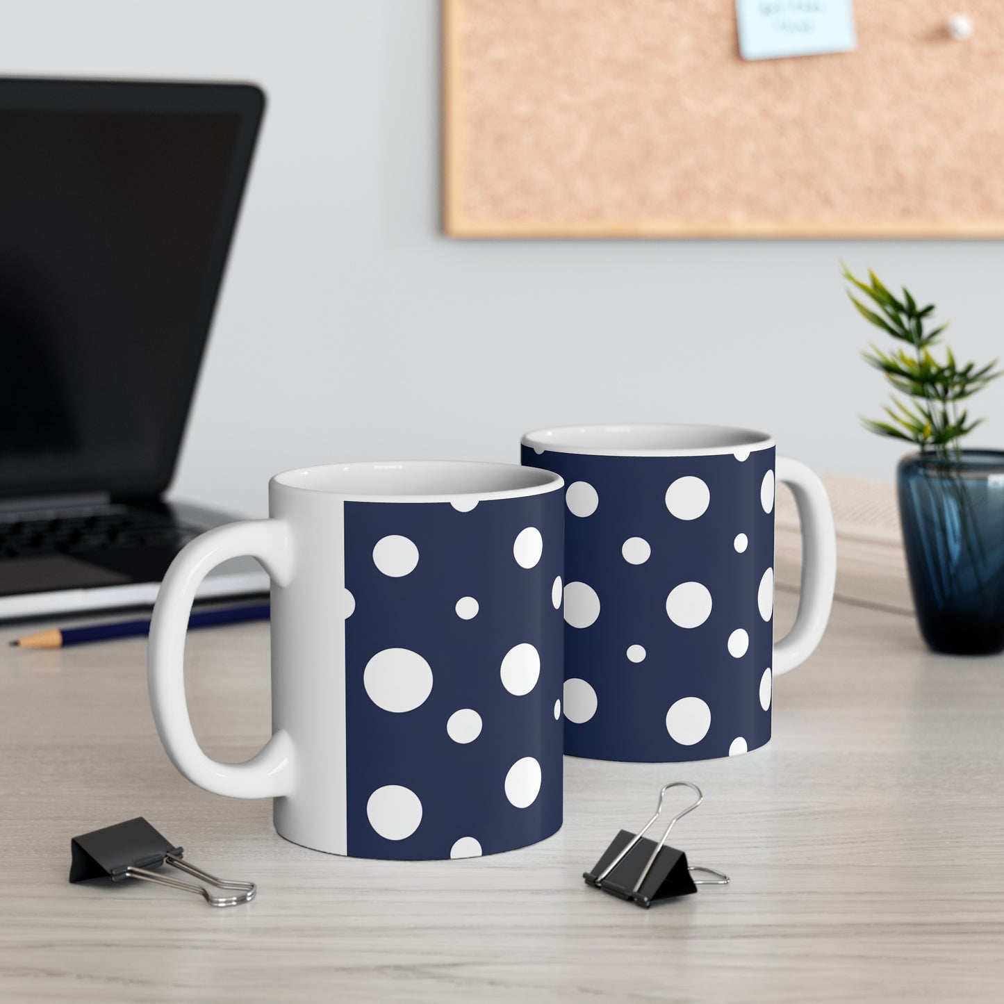 Barnie's Blue & White Polka Dot Ceramic Mug, Coffee Cup