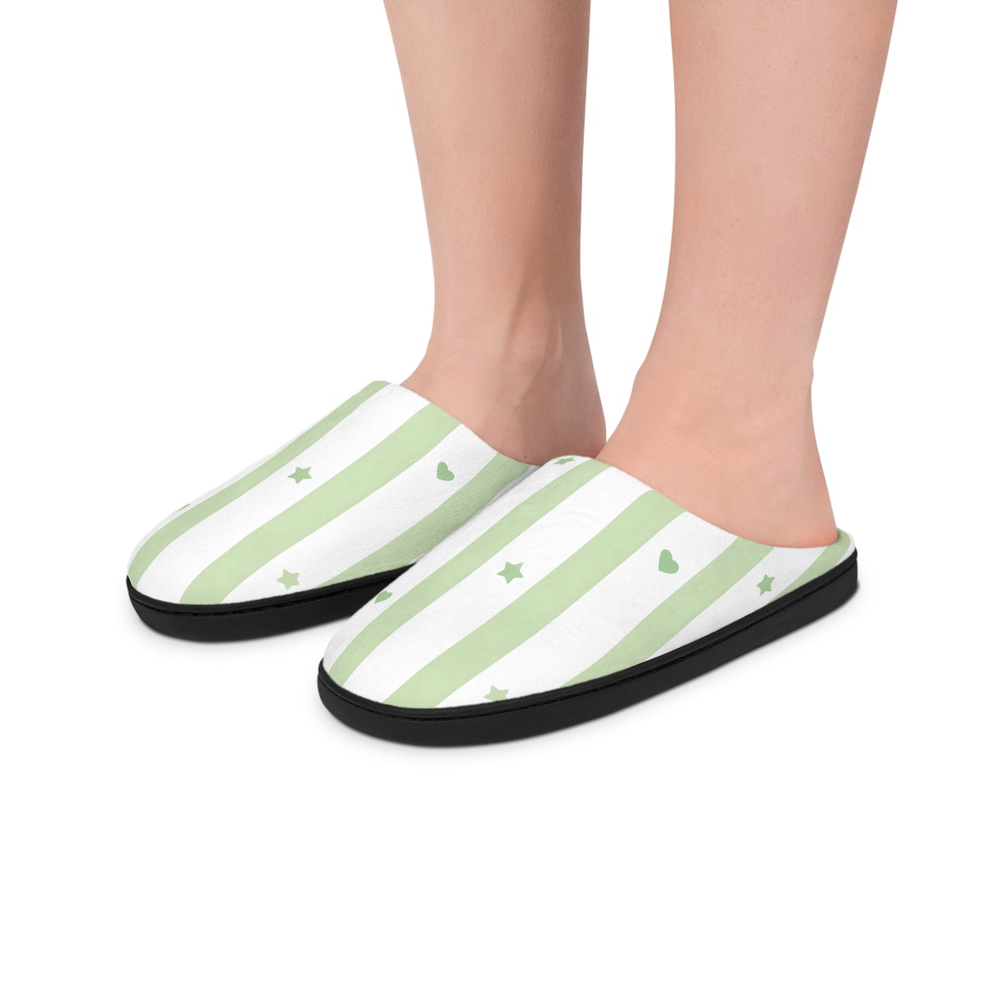 Green Stripe Hearts & Stars Women's Indoor Slippers