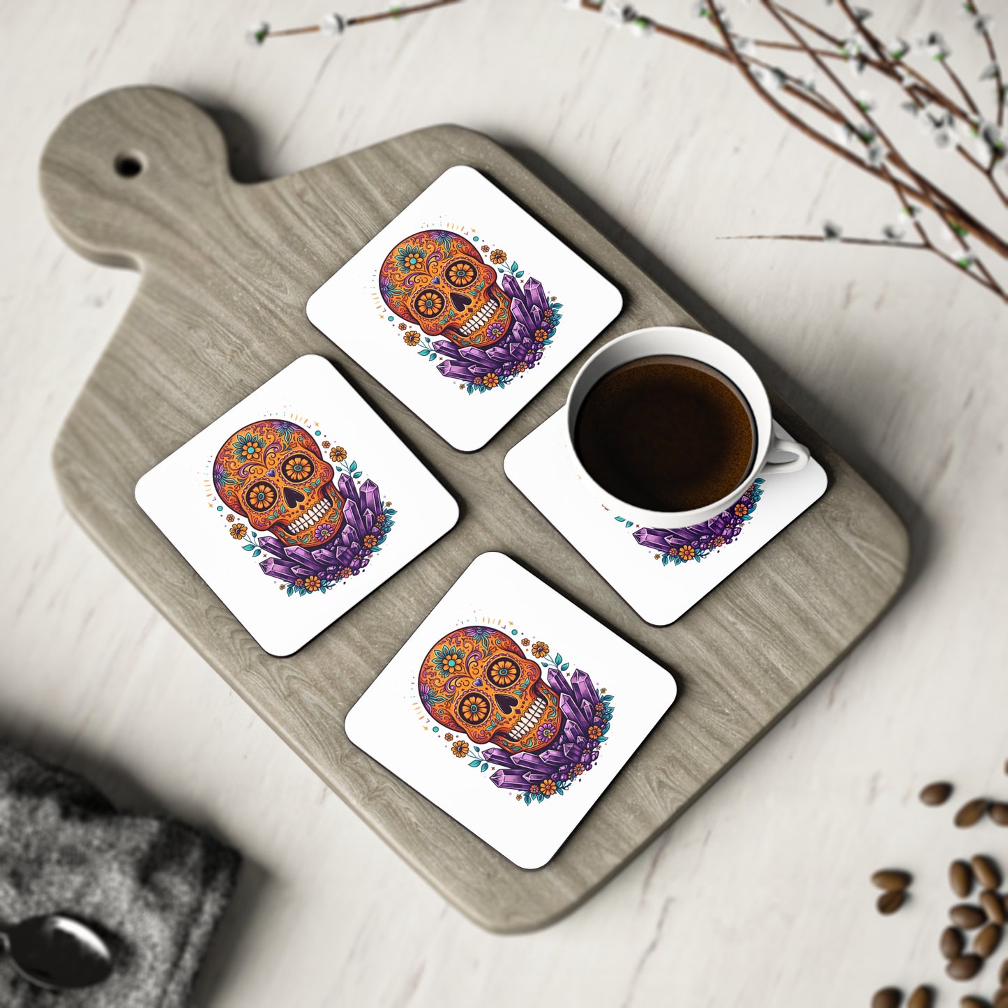 Amethyst & Orange Sugar Skull Coasters