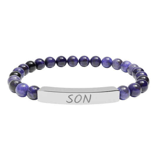 Engraved "Son" Natural Stone Stretch Bar Bracelet