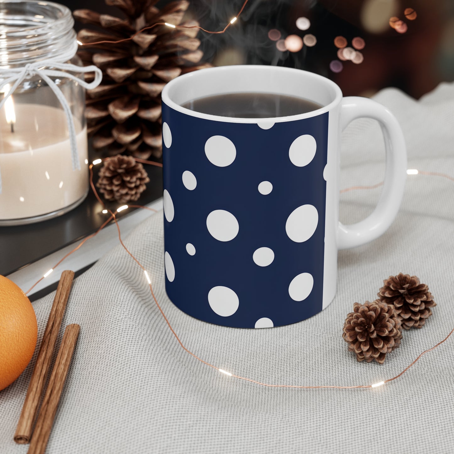 Barnie's Blue & White Polka Dot Ceramic Mug, Coffee Cup