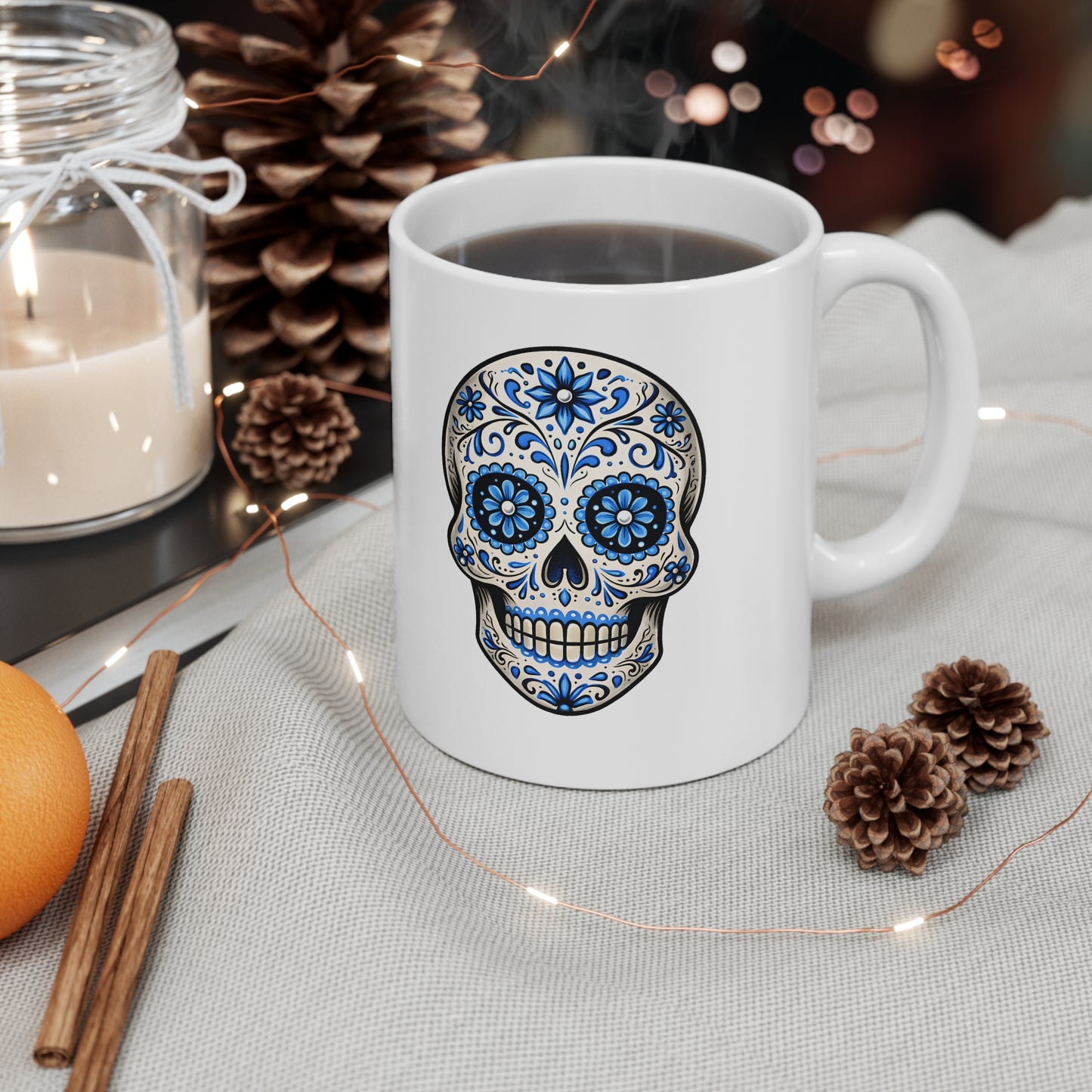 Bess's Blue Sugar Skull Ceramic Mug, Coffee Cup