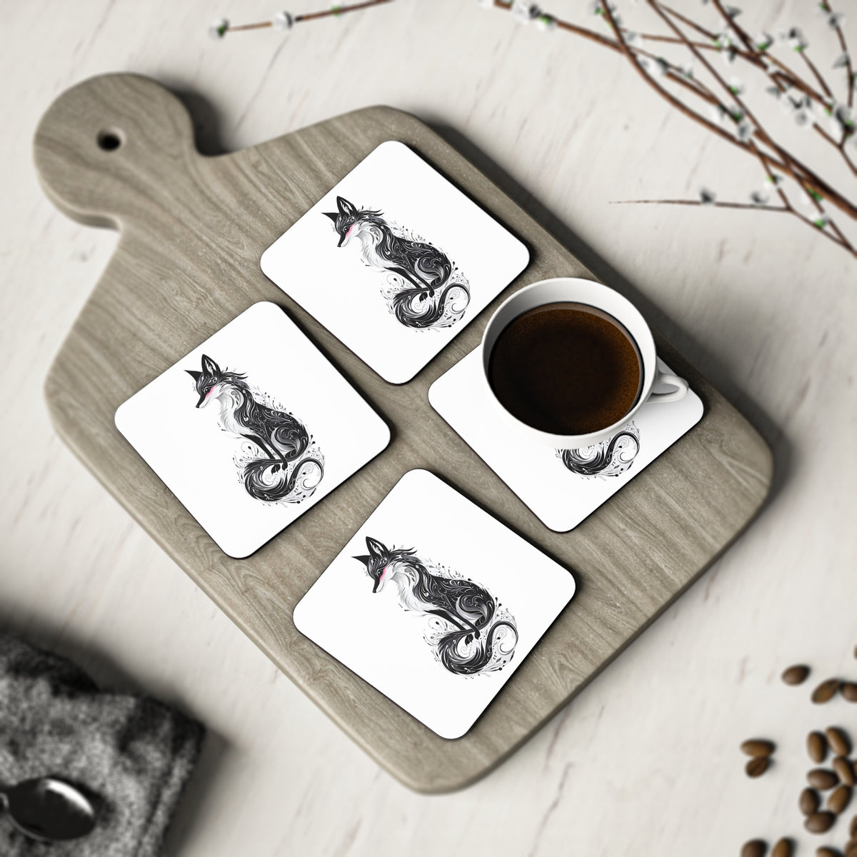 Fox Tea Coaster Mystic Black Fox Coasters – Echo Rose Collective