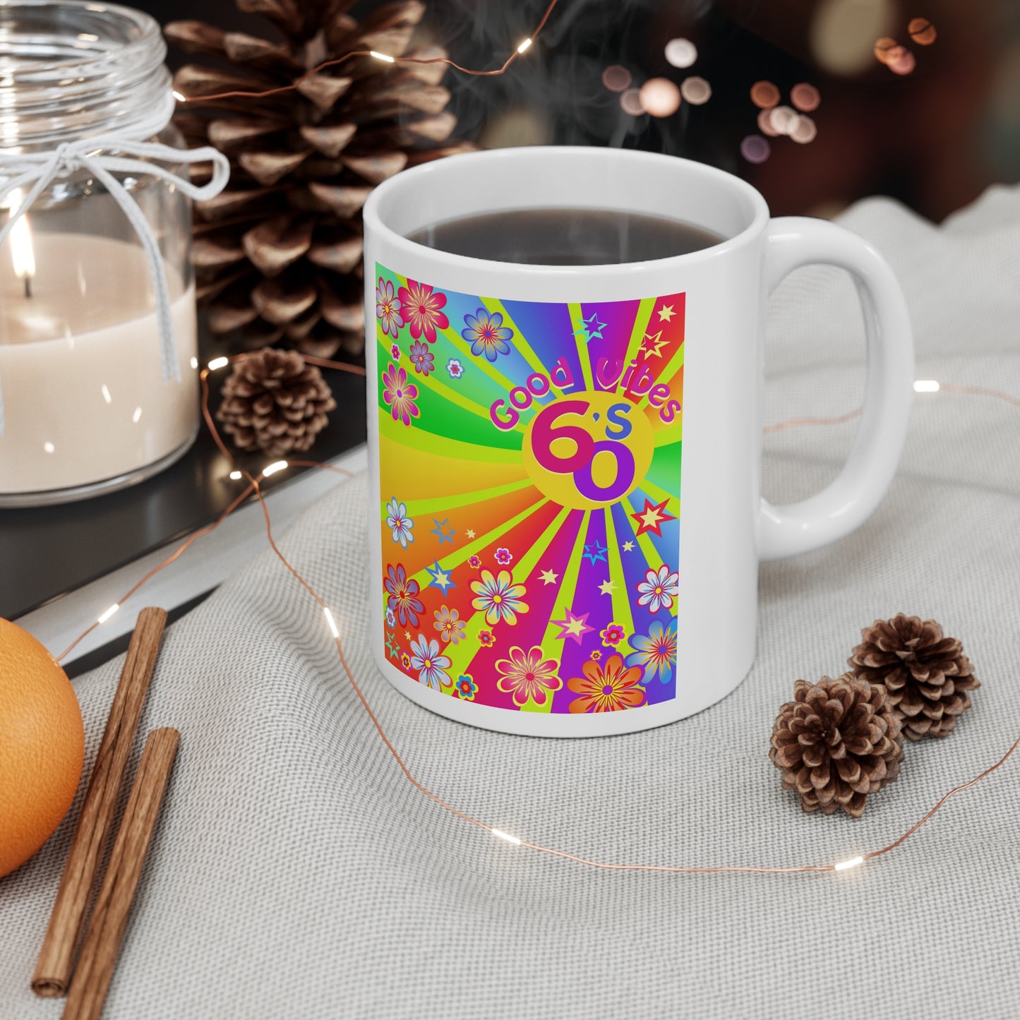 60s Retro Flower Power Ceramic Mug, Coffee Cup