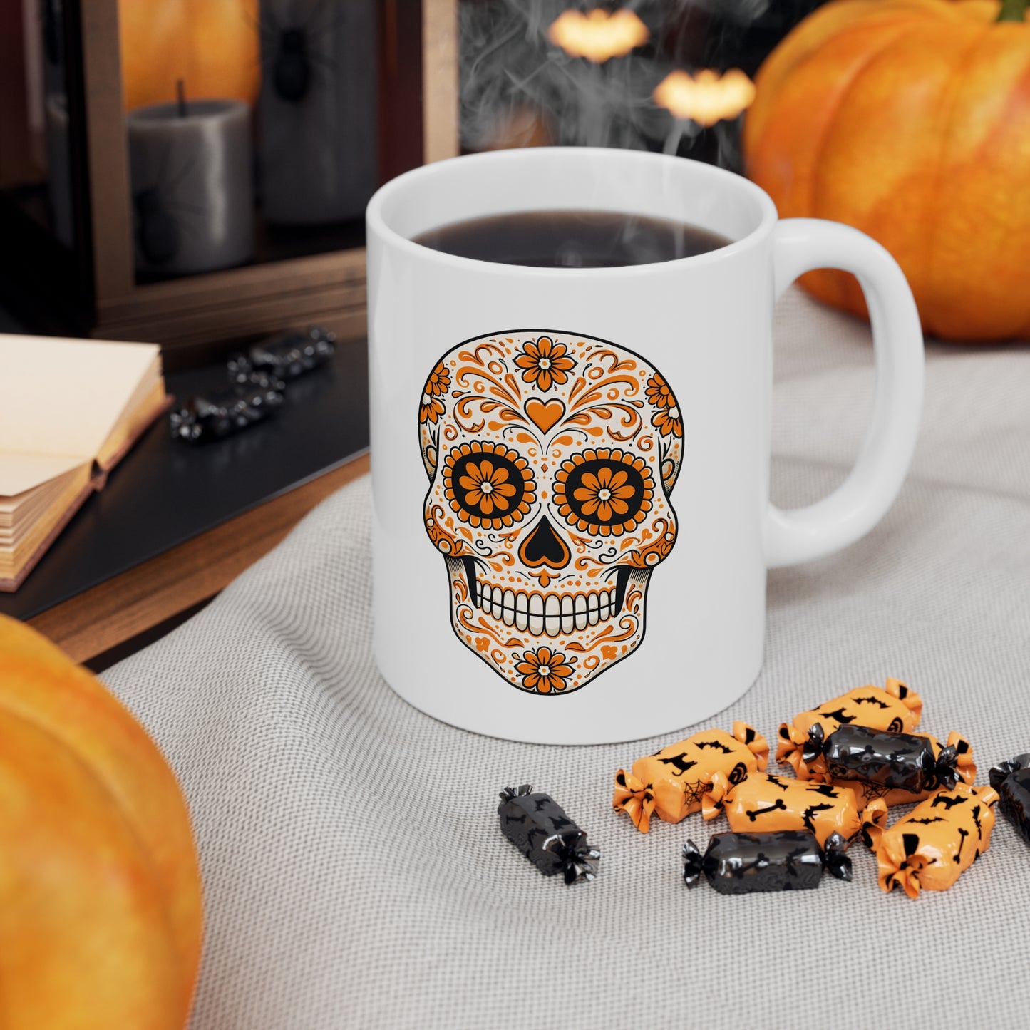 Orange Sugar Skull Ceramic Mug, Coffee Cup