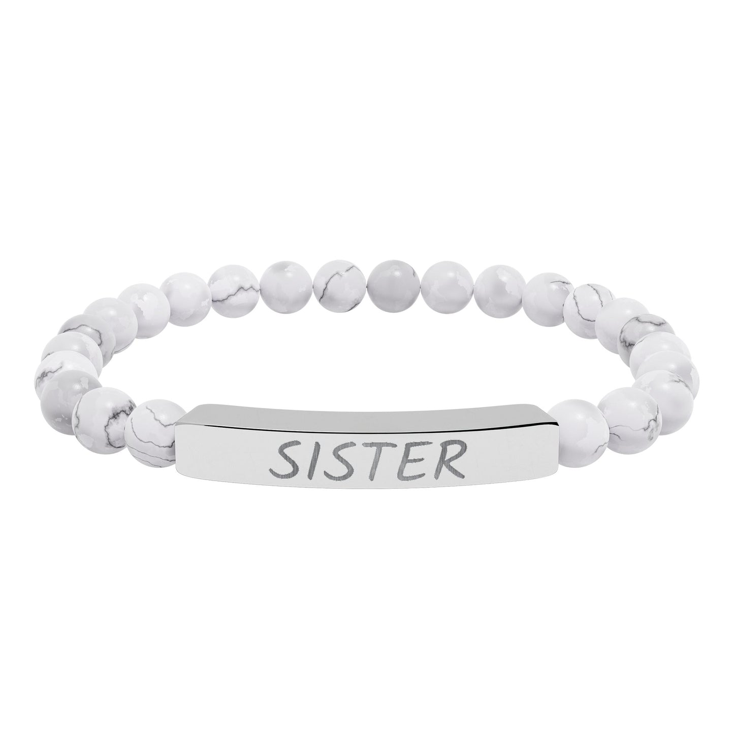 Engraved "Sister" Natural Stone Stretch Bar Bracelet